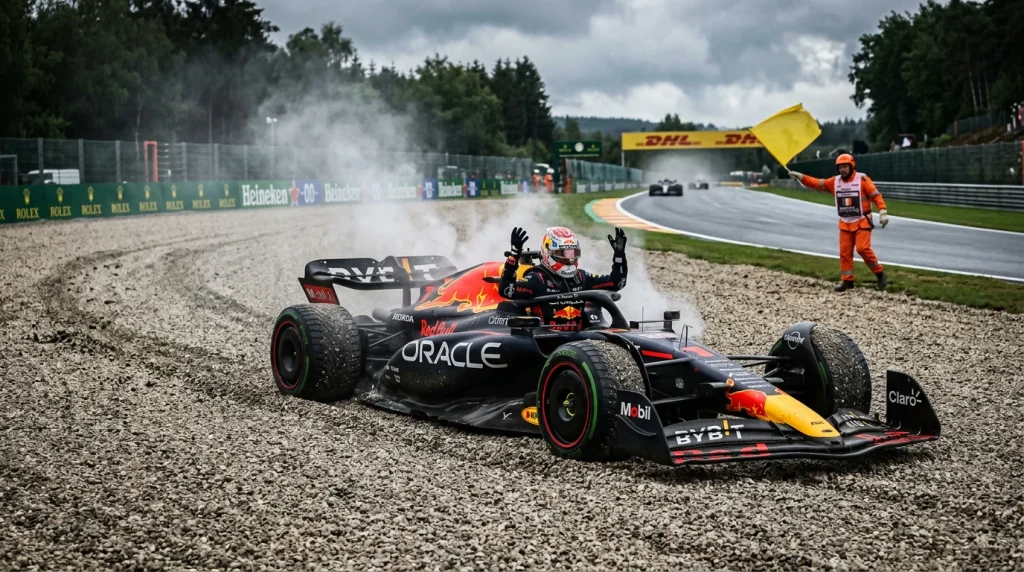 Monoplaza de Formula 1 retirado en escapatoria de grava con humo del motor