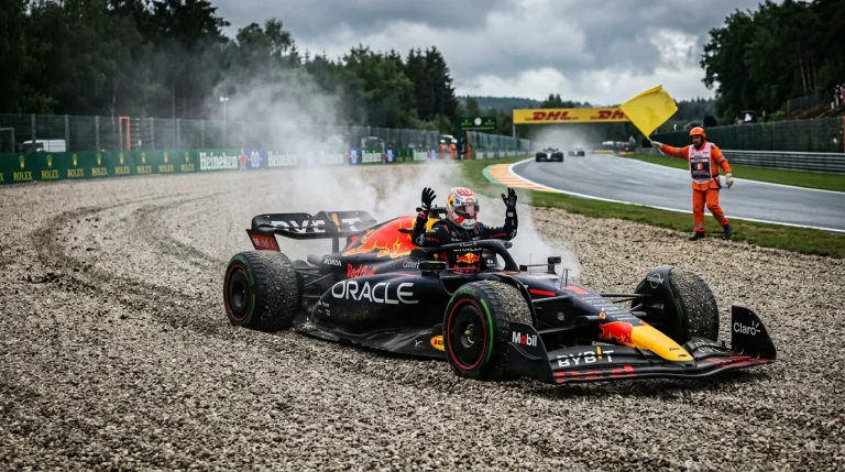 Monoplaza de Formula 1 retirado en escapatoria de grava con humo del motor