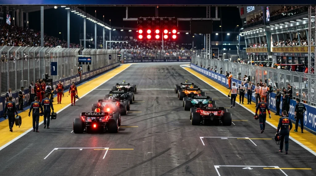 Monoplazas de Formula 1 en parrilla de salida de carrera Sprint con semaforo en rojo