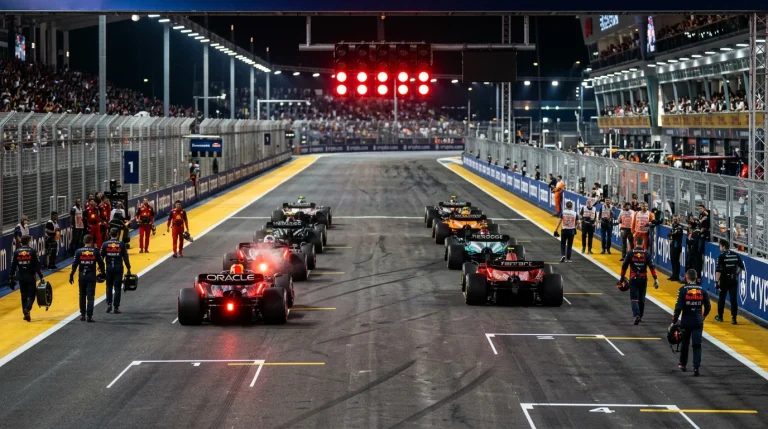 Monoplazas de Formula 1 en parrilla de salida de carrera Sprint con semaforo en rojo