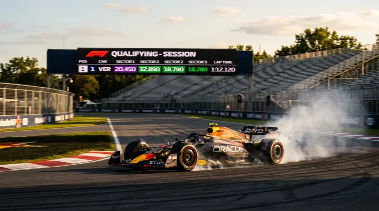 Monoplaza de Formula 1 en vuelta rapida de clasificacion con cronometro en pantalla