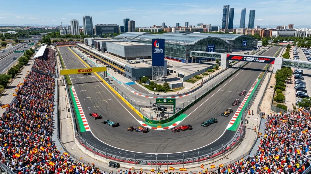Vista aerea del circuito urbano de IFEMA Madrid con monoplazas de Formula 1 en pista
