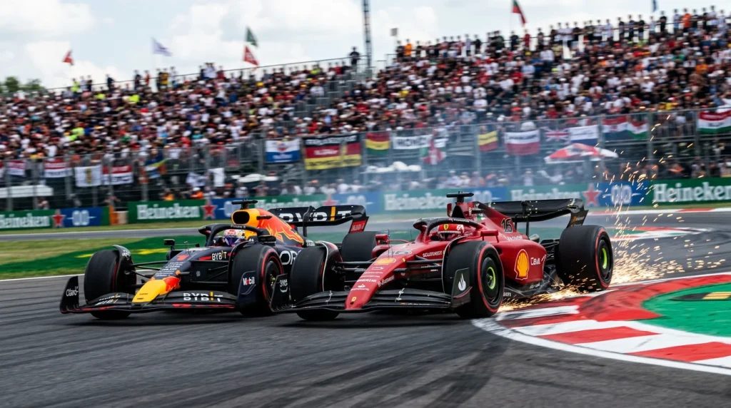 Dos monoplazas de Formula 1 en duelo rueda a rueda en curva de circuito