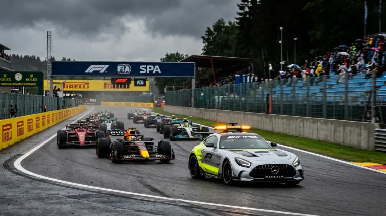 Safety Car Mercedes AMG GT liderando el peloton de Formula 1 con luces naranjas encendidas