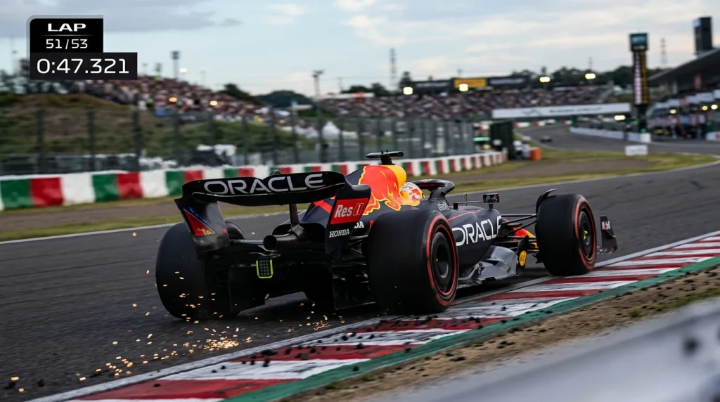 Monoplaza de Formula 1 con neumaticos blandos en vuelta rapida y cronometro mostrando tiempo