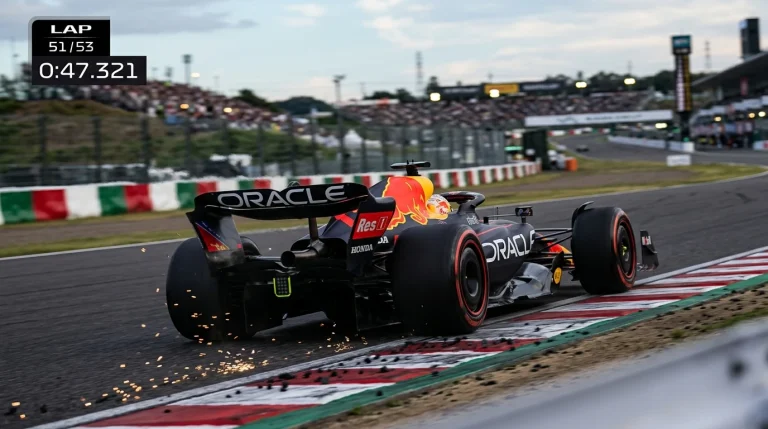 Monoplaza de Formula 1 con neumaticos blandos en vuelta rapida y cronometro mostrando tiempo
