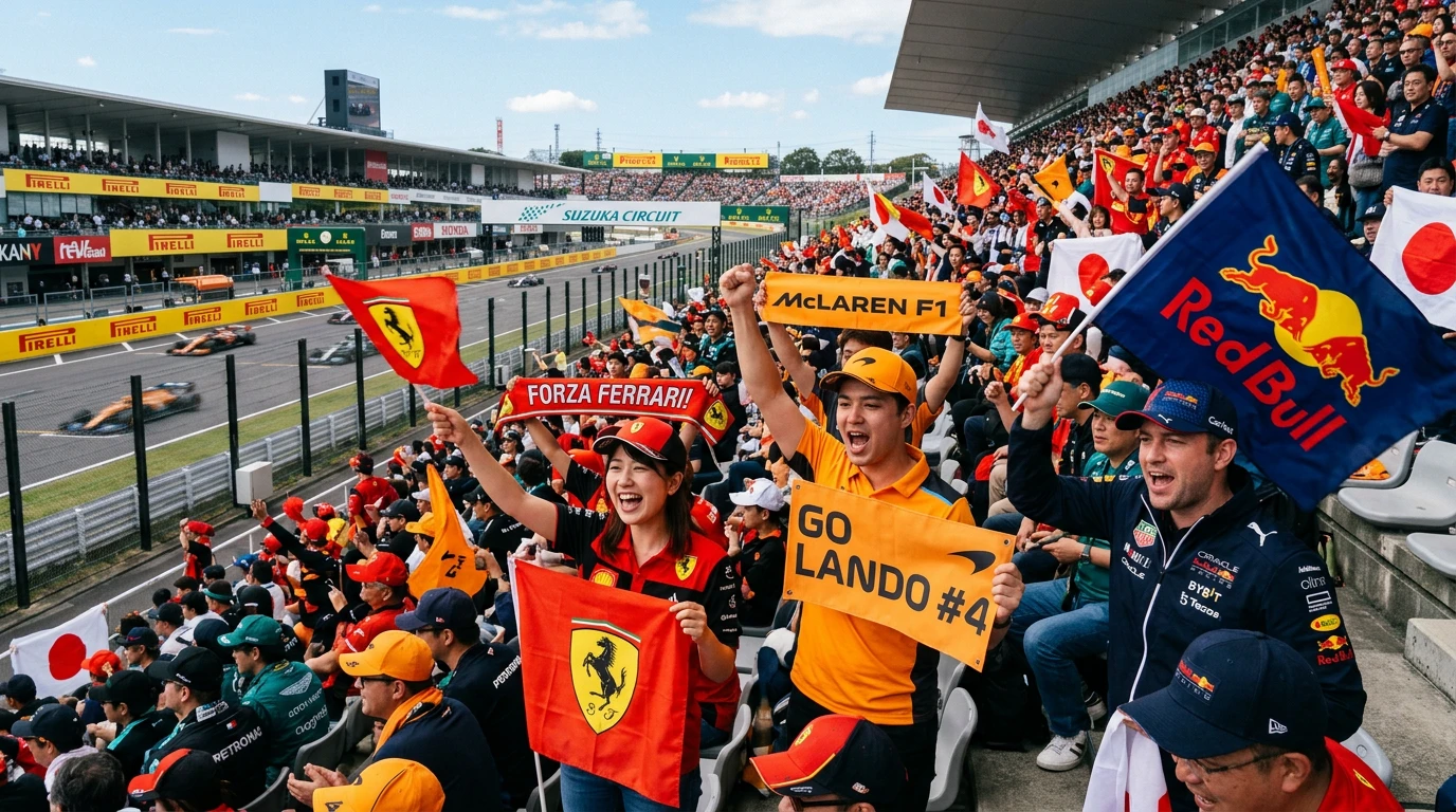 Aficionados de Fórmula 1 en las gradas de un Gran Premio con banderas de equipos