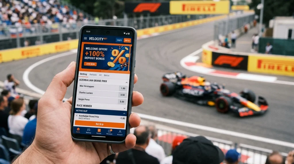 Pantalla de movil mostrando promociones de apuestas con monoplaza de Formula 1 de fondo