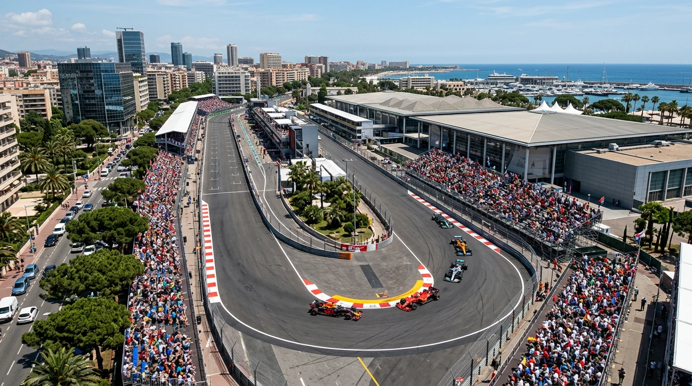 Vista aérea de un circuito urbano de Fórmula 1 con monoplazas compitiendo