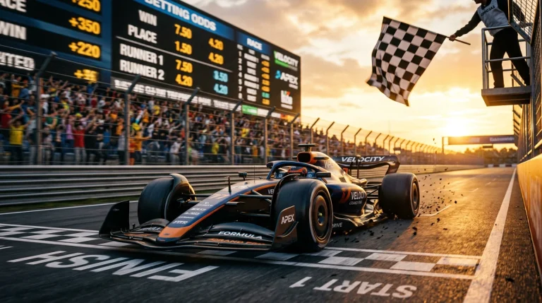 Monoplaza de Formula 1 cruzando la meta con bandera a cuadros y pantalla de cuotas de apuestas