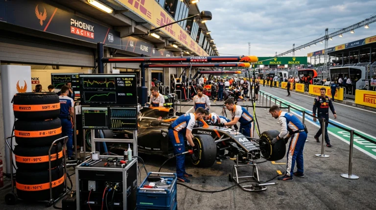 Boxes de equipos de Formula 1 con mecanicos trabajando en monoplazas y logos de escuderias