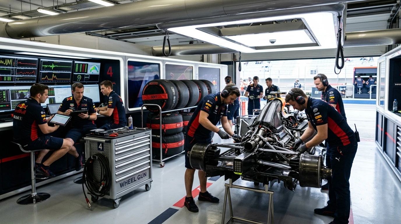 Mecánicos trabajando en un monoplaza durante entrenamientos libres de F1