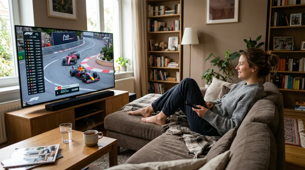 Persona viendo carrera de Fórmula 1 en televisión de forma relajada