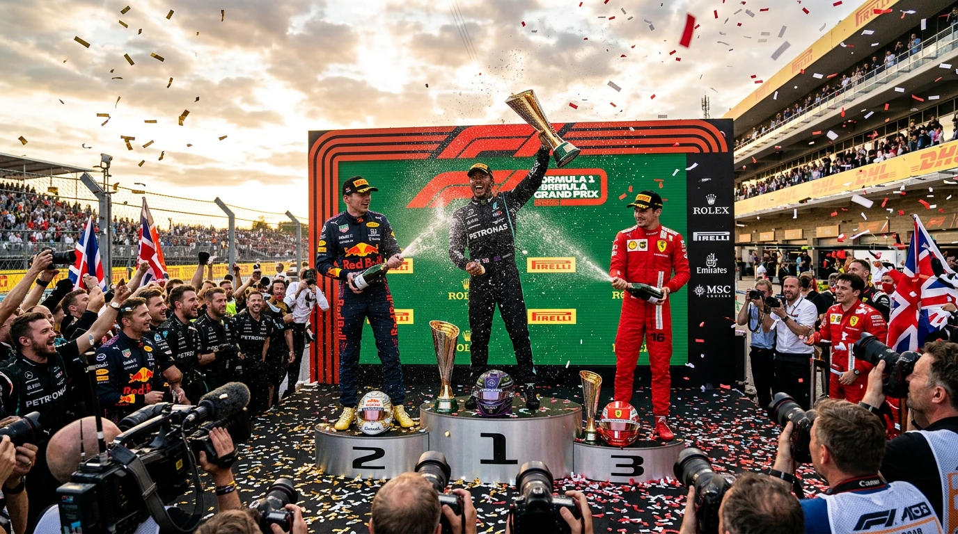 Pilotos de Fórmula 1 en el podio celebrando victoria con champán