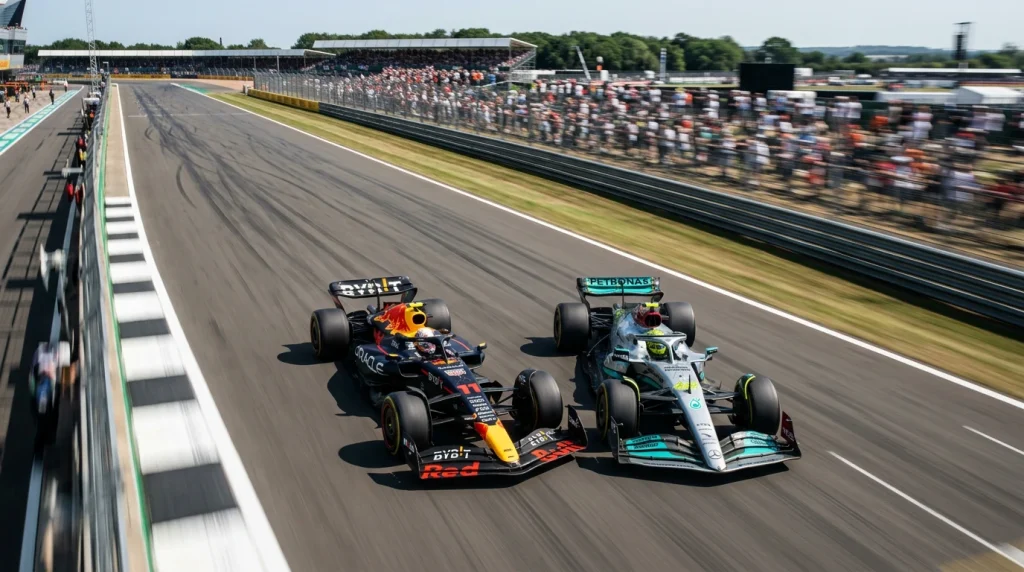 Monoplazas de Red Bull y Mercedes en recta de Fórmula 1