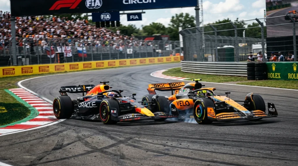 Monoplazas de Red Bull y McLaren luchando en pista de Fórmula 1